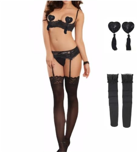 mini kitty Sexy Lace Garter Lingerie Set Quarter Cups Push Up Bra and Panty Set Babydoll Teddy Naughty Underwear Sleepwear Nightwear with Heart Nipple Cover Stockings 3 Pieces