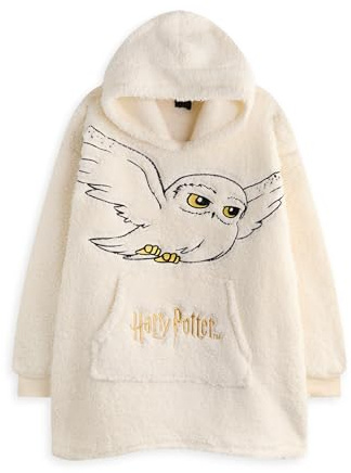 Harry Potter Womens Wearable Blanket Hoodie | Adults Beige Hooded Pullover with Hedwig Owl Character Embroidery | One Size Sherpa Lined Loungewear with Pockets | Classic Wizard Movie Merchandise Gift