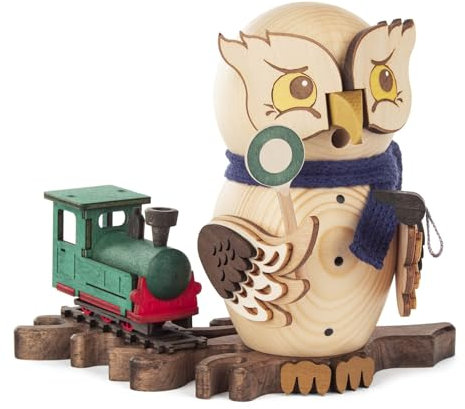 Rudolphs Schatzkiste Räucherfigur Eule mit Eisenbahn und Kelle BxHxT 19x15x12cm NEU Lok Zug Bahn Uhu Kuckuck Räuchermann Rauchmann Rauchfigur
