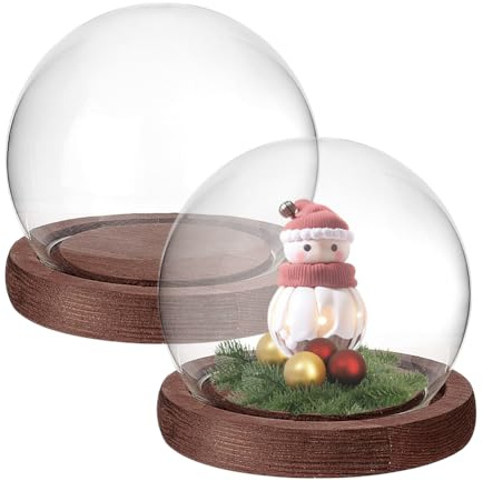 PH PandaHall 2pcs Glass Display Dome Cloche Round Dome Cover with Wooden Base Clear Glass Globe Bell Jar Display Case for Christmas Snow Globe Home Flower Plants Crafts Decor 3.8x3.2 Inch