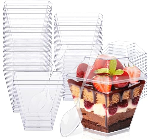 30 vasos de postre de plástico de 60 ml, con tapa y cucharas, vasos de postre P-lastik reutilizables, cuencos de postre, rectangulares, de plástico, para mousse, pudin, helados, postres, fiestas
