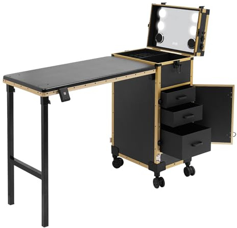 Kosmetikkoffer Trolley Schminkkoffer mit Beleuchtung 6500K&Touch-Steuerung Spiegel Make-Up Koffer Abschließbar Friseurkoffer mit Rollen 3Schubladen bis 50kg für Reise Friseure Visagisten (Golden)