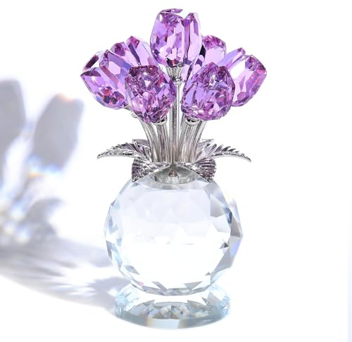 Movdyka Crystal Tulips Bouquet Figurines Gifts for Her Glass Purple Flowers Ornaments for Home Romantic Floral Presents for Women Mum Wife Mother's Day Birthday Anniversary