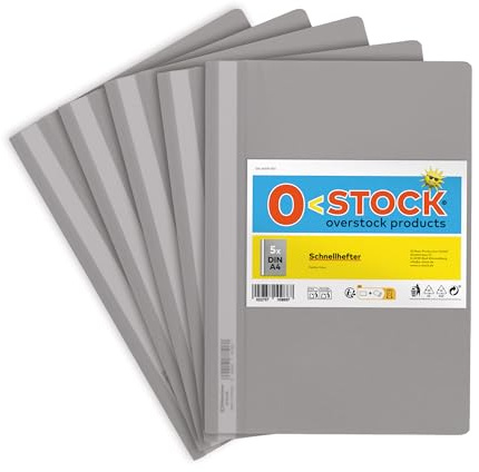 5 x Schnellhefter A4, Farbe Grau, stabil, transparente Vorderseite, Metall-Abheftmechanik, made in Germany