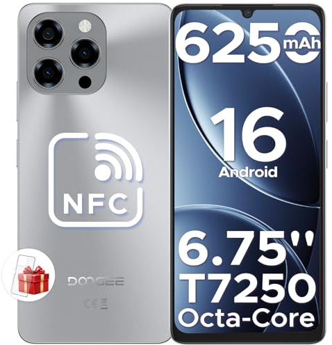 DOOGEE Note 58 Teléfono Movil Android 16, 6,75 HD+IPS 90Hz,T7250 Octa Core, 32GB(8+24) + 128GB, 6250mAh Batería, 16MP+8MP, Cuerpo de8,6mm Telefono, Face ID/NFC/OTG/GPS/Widevine L1/Doble SIM 4G Movil