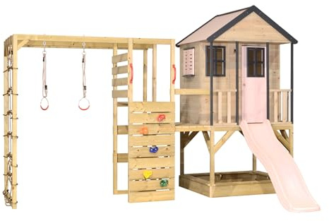 Wendi Toys M48PP-G - Casa de zanco con tobogán y torre de escalada de madera FSC, casa de juegos para niños al aire libre con plataforma 90/120 cm, pared de escalada, red de escalada, anillos de
