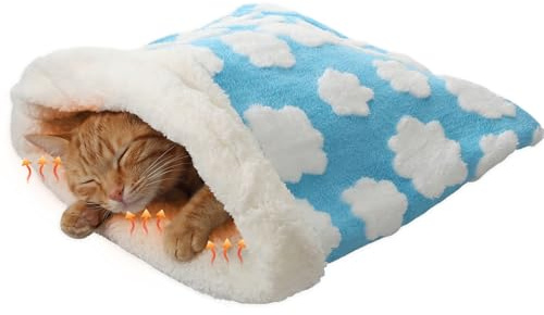 Clysee Self Heating Cat Sleeping Bag Indoor Self Warming Cat Bed Cave Heated Pad Cozy Soft Winter Washable Wrap Pet Snuggle Sack Pouch for Puppy Dog Kitten, 24 x 21 Inch, Blue and White