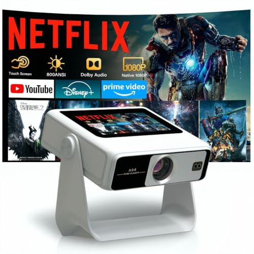 Proyector Portátil 4K con Pantalla Táctil, Mini Proyector 1100 ANSI para Exterior, Enfoque Automático y Corrección Trapezoidal, WiFi 6 Bluetooth HDR10+, 1000+ Apps, Doble Pantalla, Cine en Casa para