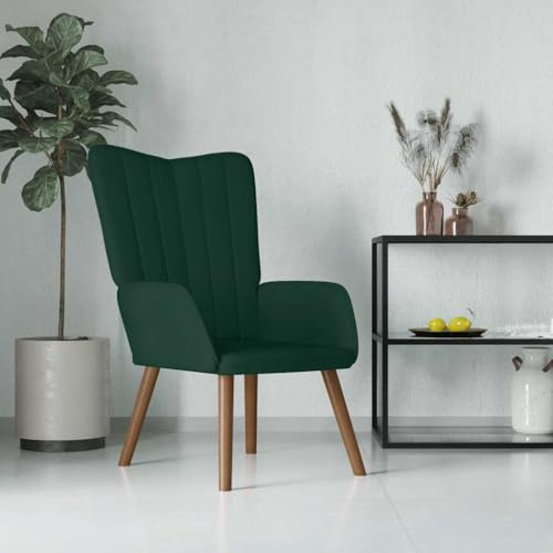 Chaise de Relaxation Velours Vert Foncé, Fauteuil de Bureau Ergonomique avec Accoudoirs, Chaise de Lecture Confortable pour Salon et Bureau, Siège en Mousse Capitonnée, Cadre Acier et Pieds Bois