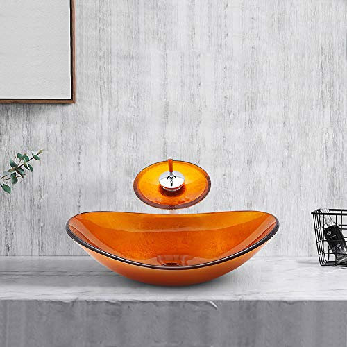 HomeLava Gehärtetes Glas Aufsatz-Waschbecken Waschtisch Becken Handwaschbecken Klein Handwaschbecken mit Wasserfall Wasserhahn für Gäste WC Bad 42cm