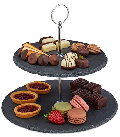 Relaxdays Soporte Tartas, 2 Pisos, Bandejas Pizarra, Expositor Pasteles, Platos Cupcakes, 23x25 cm, Antracita y Plateado