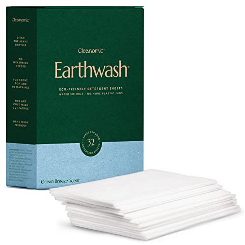 Earthwash Ocean Breeze Laundry Detergent Sheets - 32 Sheets (Up To 64 Loads) Hypoallergenic, Eco-Friendly Detergent Strips, Ideal for Travel, Home, Top Load, Front Load, HE Washers