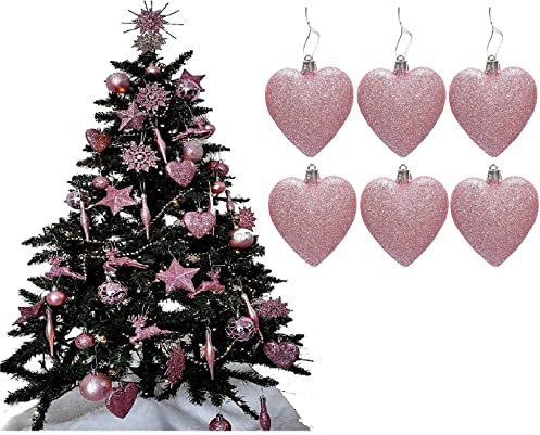 Simply Products 6 palline a forma di cuore – grandi decorazioni per albero di Natale, palline glitterate a forma di cuore (rosa cipria) glitterate