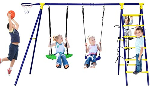 Costzon 550lbs Swing Sets for Backyard, 5 in 1 Heavy Duty Extra Large Metal Swing Frame with 2 Tree Swing, Climbing Ladder, Net, Basketball Hoop, Ground Stake, Outdoor Playset Great Gift for Kids