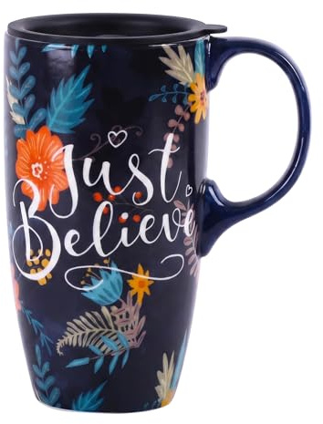 Topadorn 500ml Ceramic Travel Mug with Lid, Floral Just Believe Print | Microwave & Dishwasher Safe, Cup Holder Friendly, Large Coffee Tea Cup with Handle, Commute Office Home Use