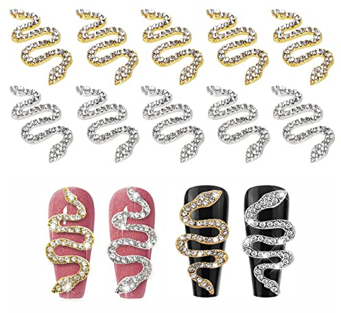 MWOOT 10 Pièces Charmes d'Ongles de Serpent, Breloque pour Nail Art Forme de Serpent avec Strass,Snake Nail Art Charms pour Manucure Décoration (Or + Argent)