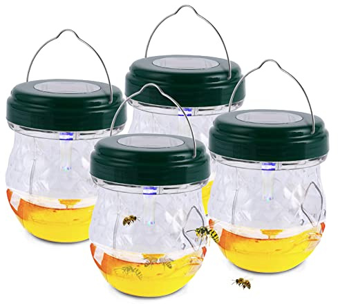 Wespenfalle Mit Solar UV Licht Für Draussen, Wespenfallen Zum Aufhängen Für Draußen, Wespenfalle Flasche Lebend, Insektenfalle Bienenfalle Außen, Für Füllung Wespen Abwehr Lockstoff Flüssig (4* Grün)