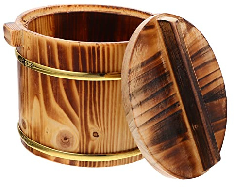 ZAANU 1 Set Wooden Barrel Asian Rice Container with Lid Japanese Rice Bowls Sushi Rice Storage Holder Wood Rice Oke Rice Tub Wooden Bucket Home Supplies Rice Mixing Bucket with Cover Set/1212