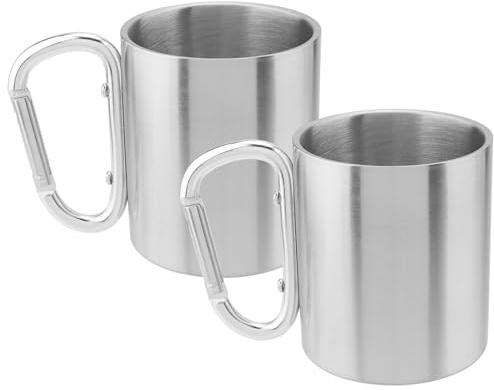 CHUEHKAK 2-pack campingmuggar i rostfritt stål, 220 ml, med karbinhake, metallmugg med handtag, för resor, camping, vandring, utomhussport, 7 x 8 cm, silver