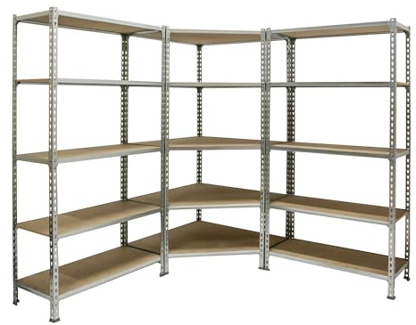 Simon Rack Eckregal aus Metall, 1800 x 1800 x 300 mm, 5 Holzböden, 200 kg Flexpunkt, Lagerregale, 1 zusätzliches Modul, verzinkt/Holz - Maderclick Corner