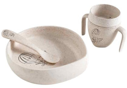 Skandino Kinder Geschirrset (Teller, Becher, Löffel) aus Biomaterialien, ergonomisch, nachhaltig, BPA-frei, ohne Melamin, spülmaschinen- und mikrowellengeeignet (Katze)