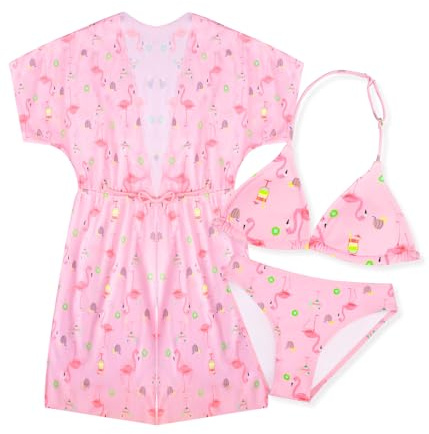 Girls 3-Piece Swimsuit Set Bikini Set with Coverup for Swimming Two-Piece Swimsuit and Coverup for Girl 4-16 (8-10 Years, LA583-Pink)