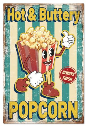 GLOBLELAND Metall Blechschild Mit Vintage Popcorn Cartoon Charakter, 8x12 Zoll, Retro, Köstliches Popcorn, Lustiges Blech, Zimmertürschild, Höhlenschilder, Kunstplakette, Poster, Wanddekoration