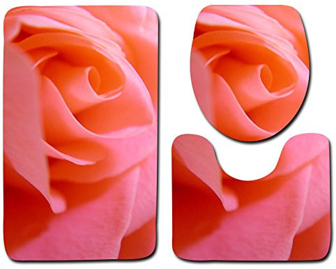 Bad Teppiche Set 3-Teiliges Rosa Rosen WC Vorleger Mit Ausschnitt Badematte Saugfähig WC Deckelbezug Badvorleger rutschfest Waschbar Toilettensitzbezug Badgarnitur (45x75cm)