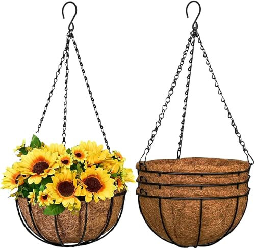 GWY Hängende Pflanzkörbe, 3 Packungen 25,4 cm, Metalldraht, Pflanzenhalter mit Kokosfaser-Auskleidung und schwarzer Kette für Veranda, Topfaufhänger, Gartendekoration, Innen- und Außenbereich,