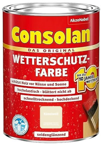 Consolan Wetterschutzfarbe, Deckender Holzschutz für Außen, Kieselweiß, 750ml