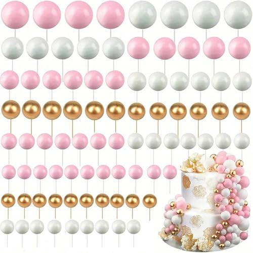 120 Stück Tortendeko Kugeln Cake Topper, BetterJonny Kuchen Dekoration Kugel DIY Mini Ballon Cupcake Einsatz Tortendeko Kugel für Hochzeit Babyparty Geburtstag Torte Dekorieren (Weiß/Gold/Rosa)