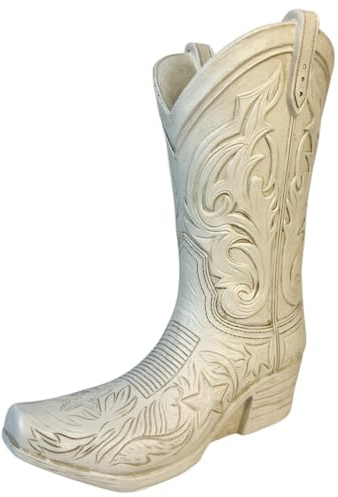 Cowgirl Boot Flower Vase – 10 1/2” Tall Antique White Finish with Intricate Tooled Leather Detailing – Modern Rustic Western Cowboy Home Décor for Flowers or Standalone Accent
