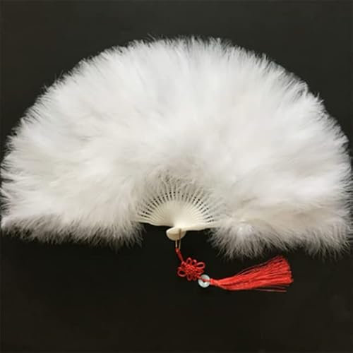 Feather Hand Fan，Marabou Feather Fan， Turkey Feathers Hand Fan Dance Folding Fan Wedding Party Decoration Home Decor Ornaments Crafts Gifts(White CN,28 fan bones)
