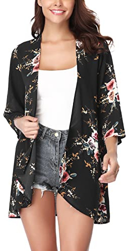 Irevial kimono dam sommar tunn kofta chiffong lös bikini täcka upp 3/4 ärm strand lätt lång stickad jacka, svart, 3XL