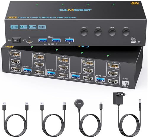 KVM Switch 3 Monitores 4 Ordenadores 4K @ 60Hz, Camgeet 2 HDMI+Displayport KVM Switch Triple Monitor for 4 Computer Share 3 Monitor and 4 USB3.0 Hub USB 3.0 KVM Conmutador KVM con Cable USB remoto con