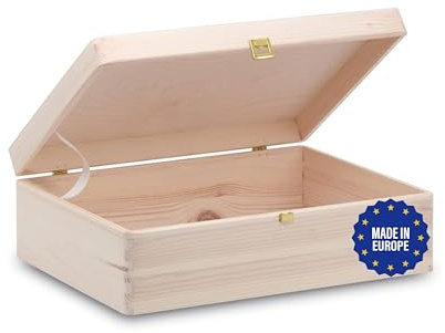 Pinus Holzkiste mit Deckel Schloss 40x30x13,5 cm Aufbewahrungsbox | Kiefernholz Sperrholz, staubgeschützt, abschließbar, Erinnerungen Fotos Briefe, Basteln Deko Geschenk, stapelbar