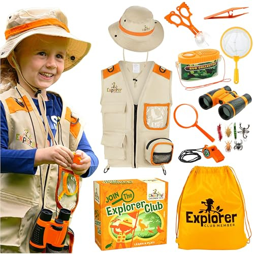 Cheerful Children Toys Kids Explorer Kit Age3-7 (Dark Orange, Original Set) | Explorer Costume, Zoo Keeper Vest & Hat for Boys/Girls, Bug Hunting Kit with Sturdy Accessories, STEM Learning & Educational