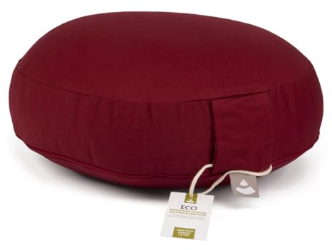 Bodhi Meditationskissen Rondo ECO extra flach | Bodenkissen mit Bio Dinkelfüllung | Bezug aus 100% Baumwolle | Yogakissen mit 15,5 cm Sitzhöhe | Waschbarer Bezug mit Trageschlaufe | bordeaux