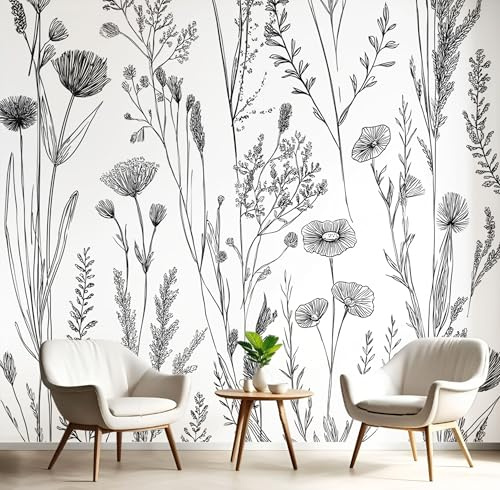 Papel Pintado Pared Malezas Y Flores 350x250cm Fondo de Pantalla Panorámico Línea De Flores Silvestres Papel Tapiz Decoración de Pared para Sala de Estar Dormitorio Oficina, Gris