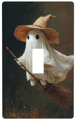 Witch Hat Ghost Flying On Broom Light Switch Cover Decorative Single Toggle 1 Gang Wall Plate For Kitchen Farmhouse Bedroom Bathroom Art Decor
