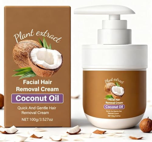 Coconut Oil Hair Removal Cream, Sensitive Skin Hair Removal Cream for Women & Men, Facial Depilatory Cream, Body & Facial Hair Remover, Gentle Hair Remover for Smooth Moisturised Skin, 100g