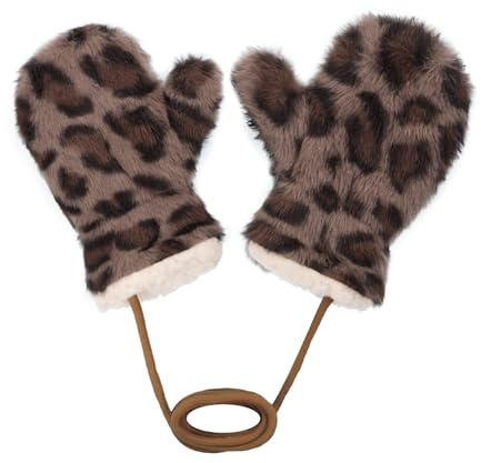 RUIXIA Moufles Enfant Chaud en Fausse Fourrure Mitaines Mignon en motif d’Imprimé Léopard avec Corde Gants Epais Chaud avec Doublure Polaire Thermique pour Enfants Garçons Filles 3-8 Ans