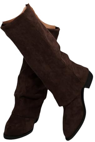 Womens Fold Over Knee High Boots Pointed Toe Chunky Block Heel Platform Long Boots Wide Calf Slouchy Pull On Dress Tall Booties Riding Biker Boot Shoes Fall Winter Footwear