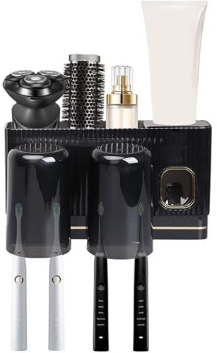 Zahnbürstenhalter,Zahnbürstenhalter zur Wandmontage mit Automatischem Zahnpastaspender,Zahnputzbecherhalter mit Kosmetik Organizer,Zahnbürsten und Zahnpasta Halter für 4 Zahnbürsten,2 Bechern