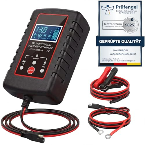 HAUSPROFI Autobatterie Ladegerät 2A 12V/6V für Auto & Motorrad, KFZ Batterieladegerät 12V, Erhaltungsladegerät mit Desulfator, Start ab 0,3V, Prüfengel Getestet, für AGM Gel Blei-Säure