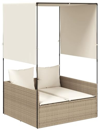 ATOMSTACK MAKER HOMELEN Doppel-Sonnenliege mit Dach & Vorhängen – Beige Poly-Rattan Gartenliege für 2 Personen, wetterfest, UV-beständig, mit waschbaren Kissen – ideal für Terrasse, Balkon & Garten
