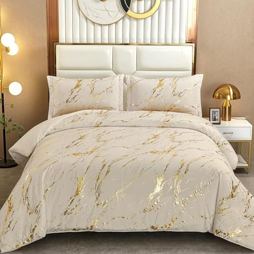 Khaki Beige Duvet Cover Set Double Gold Metallic Marble Duvet Cover with 2 Pillowcases Soft Microfiber Bedding Set for All Season 200x200 cm