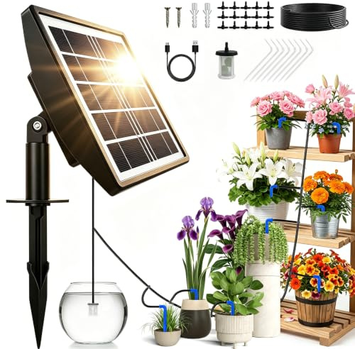 7JI Système D'arrosage Solaire, Arrosage Goutte a Goutte Automatique Pour Jardin Avec Tuyau De 15 M, Pour 15 Pots, Alarme Automatique, Arroser Les Plantes, Pour Le Jardin, Le Balcon