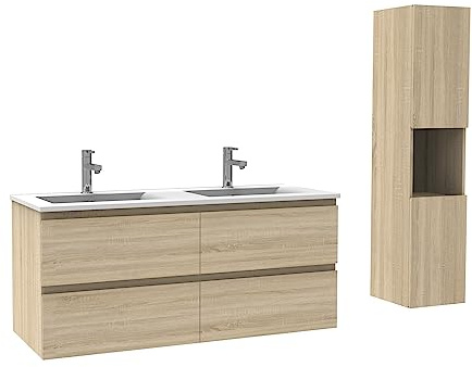 AICA Ensemble Salle de Bain Meuble Double Vasque 120 cm + Colonne Suspendue | 4 tiroirs,poignées invisibles,fonction soft-close,Lavabo en céramique,grand espace de rangement,Anthracite mat