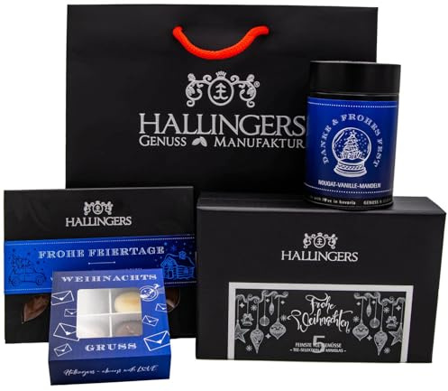 Hallingers Genuss Manufaktur Feinkost Weihnachts-Geschenk-Set - XXL-Geschenkkorb Frohe Weihnacht... großes Mitbringsel Tafel Schokolade, Pralinen, Nougat-Mandeln & Tee, Weihnachten für Frauen Männer
